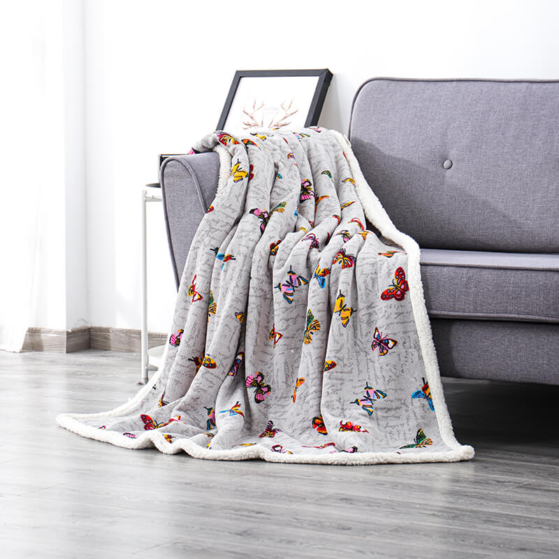 RKS-0152 Grey Flannel Sherpa Throw with Vivid Colorfule Butterfly Printing