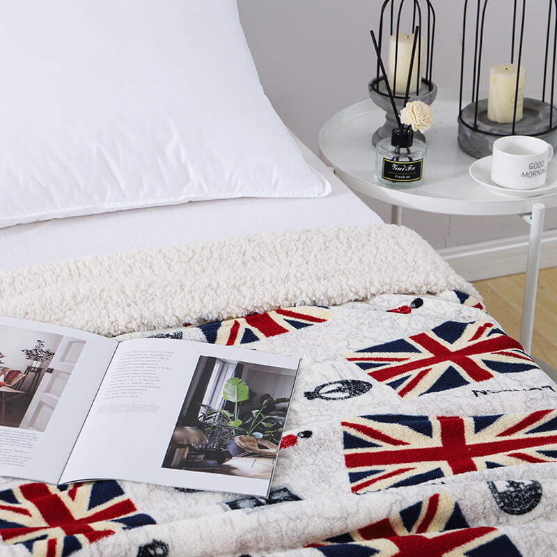 RKS-0149 Soft & Warm Sherpa Coral Fleece Blanket with the Union Jack Printing