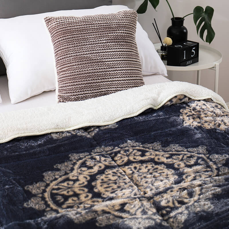 RKS-0113 Luxury Printed Faux Fur Bedding Comforter Super Soft Sherpa Plush Backside Winter Comforter