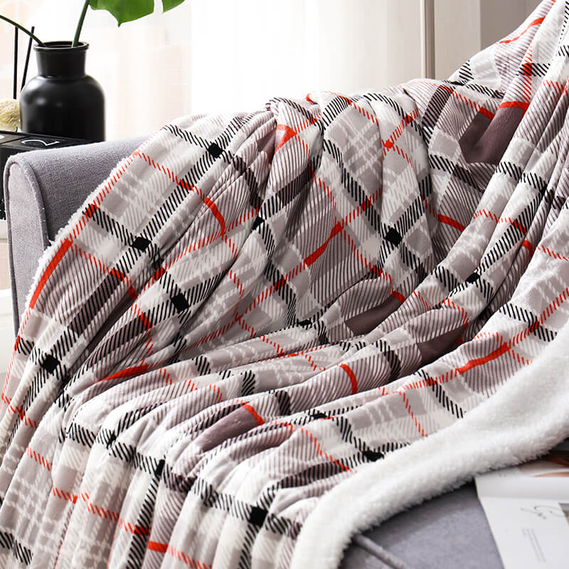 RKS-0039 100% Polyester Printed Classic Check Flannel Fleece Blanket Super Cozy Throw With Sherpa