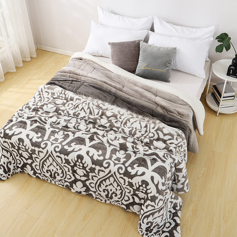 RKS-0270 RUIKASI 240 X 260 Vintage Super Soft Printed Flannel Sherpa Comforter 2020 New Design From China